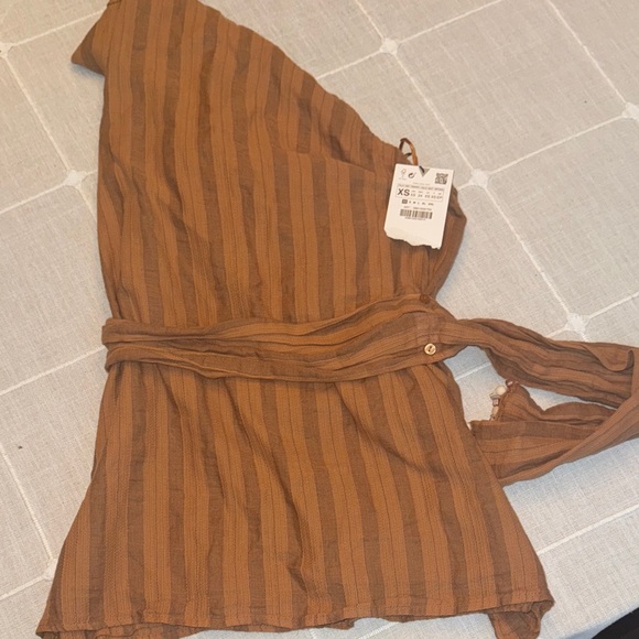 Zara Striped Brown Wrap Sash Top one shoulder Sz XS NWT - Picture 1 of 2